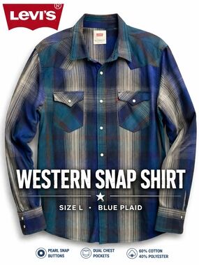 Levi’s Plaid Western Snap Shirt Blue Teal Pearl Snap Button Down Size Large